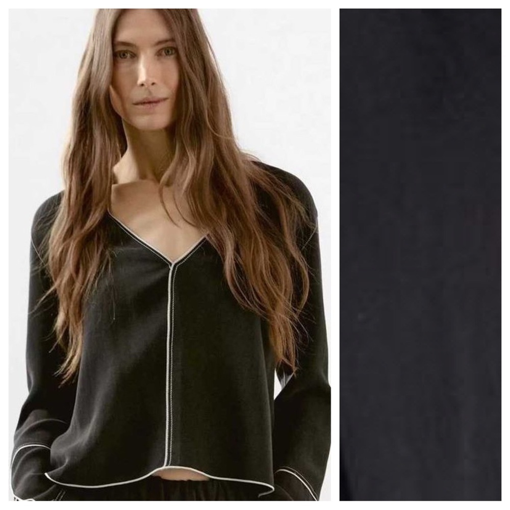 NWT Massimo Dutti Black Viscose Blend V-Neck Flowing Topstitching Shirt Size S.